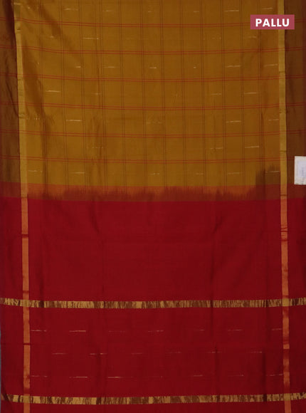 Semi silk cotton saree dark mustard and maroon with allover thread checks & zari buttas and zari woven simple border