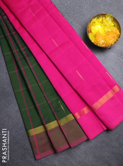 Semi silk cotton saree sap green and pink with allover thread checks & zari buttas and zari woven simple border