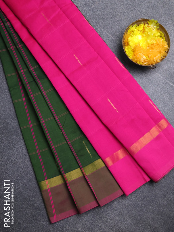 Semi silk cotton saree sap green and pink with allover thread checks & zari buttas and zari woven simple border