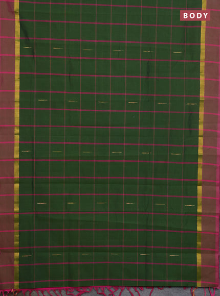 Semi silk cotton saree sap green and pink with allover thread checks & zari buttas and zari woven simple border