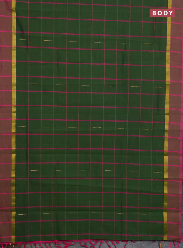 Semi silk cotton saree sap green and pink with allover thread checks & zari buttas and zari woven simple border