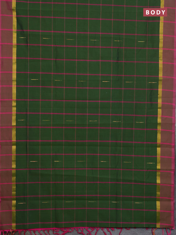 Semi silk cotton saree sap green and pink with allover thread checks & zari buttas and zari woven simple border