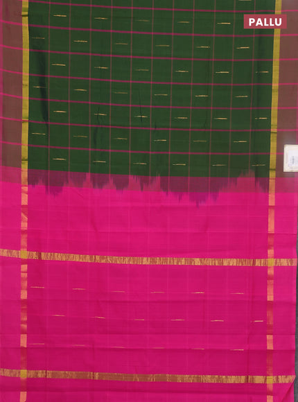 Semi silk cotton saree sap green and pink with allover thread checks & zari buttas and zari woven simple border
