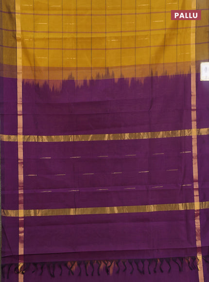 Semi silk cotton saree dark mustard and purple with allover thread checks & zari buttas and zari woven simple border