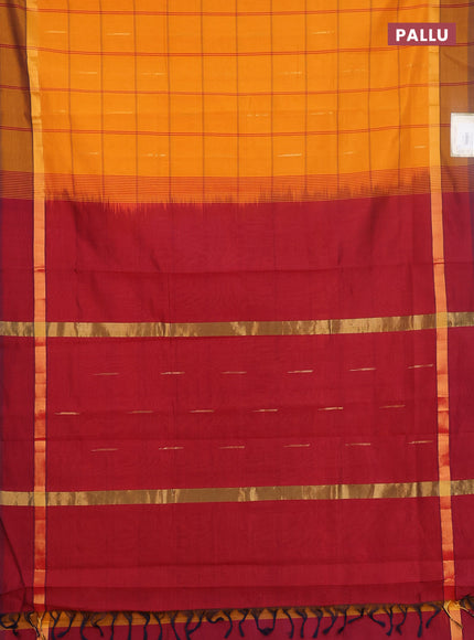 Semi silk cotton saree mustard yellow and maroon with allover thread checks & zari buttas and zari woven simple border