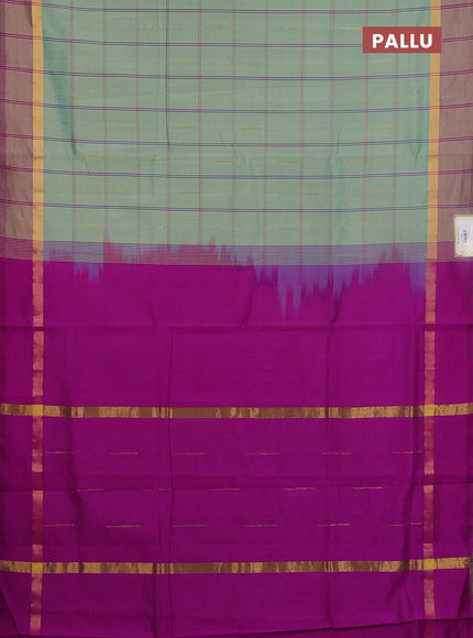 Semi silk cotton saree teal blue and dark pink with allover thread checks & zari buttas and zari woven simple border