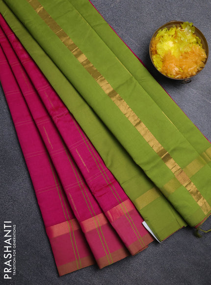 Semi silk cotton saree dark pink and light green with allover thread checks & zari buttas and zari woven simple border