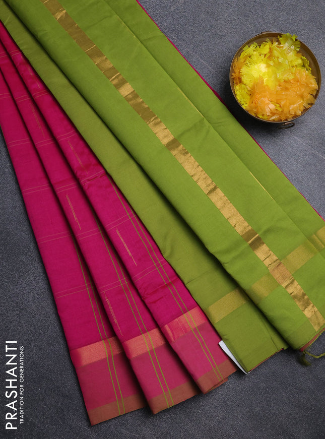 Semi silk cotton saree dark pink and light green with allover thread checks & zari buttas and zari woven simple border