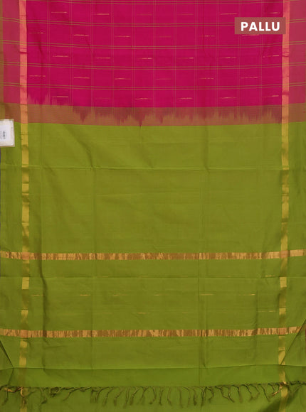 Semi silk cotton saree dark pink and light green with allover thread checks & zari buttas and zari woven simple border