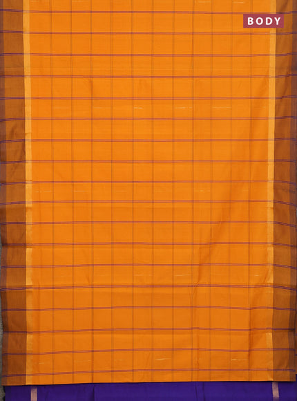 Semi silk cotton saree mustard yellow and blue with allover thread checks & zari buttas and zari woven simple border