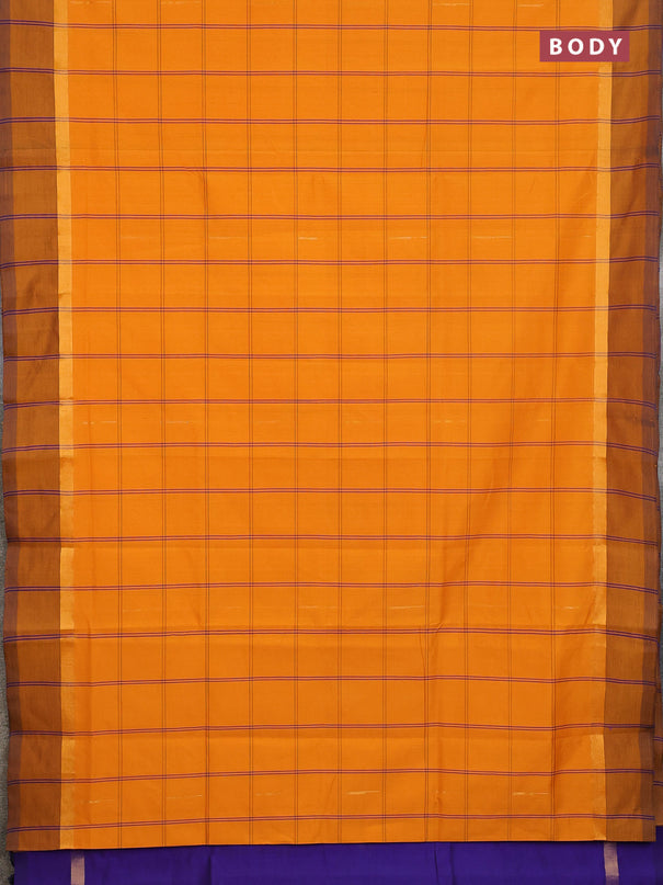 Semi silk cotton saree mustard yellow and blue with allover thread checks & zari buttas and zari woven simple border