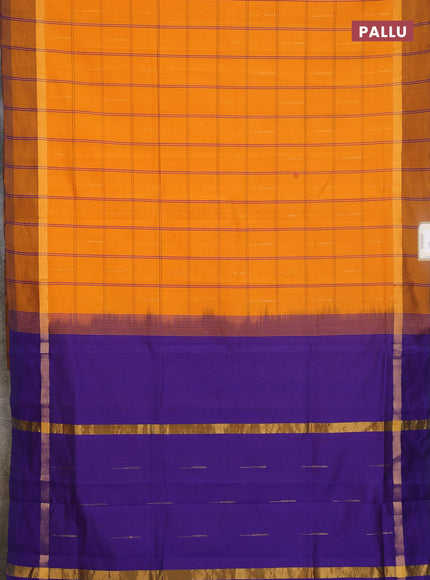 Semi silk cotton saree mustard yellow and blue with allover thread checks & zari buttas and zari woven simple border
