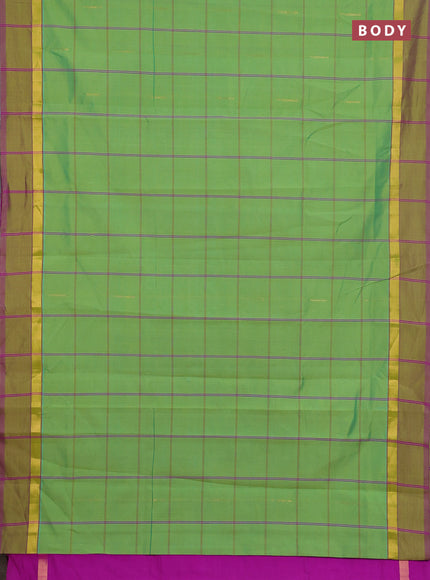 Semi silk cotton saree light green and dark pink with allover thread checks & zari buttas and zari woven simple border