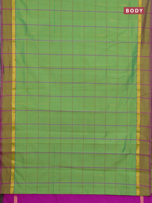 Semi silk cotton saree light green and dark pink with allover thread checks & zari buttas and zari woven simple border