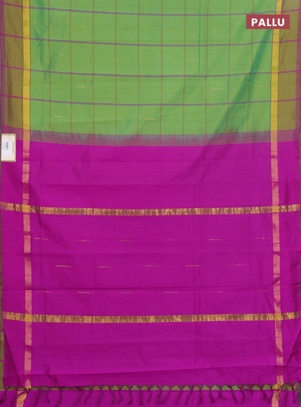 Semi silk cotton saree light green and dark pink with allover thread checks & zari buttas and zari woven simple border