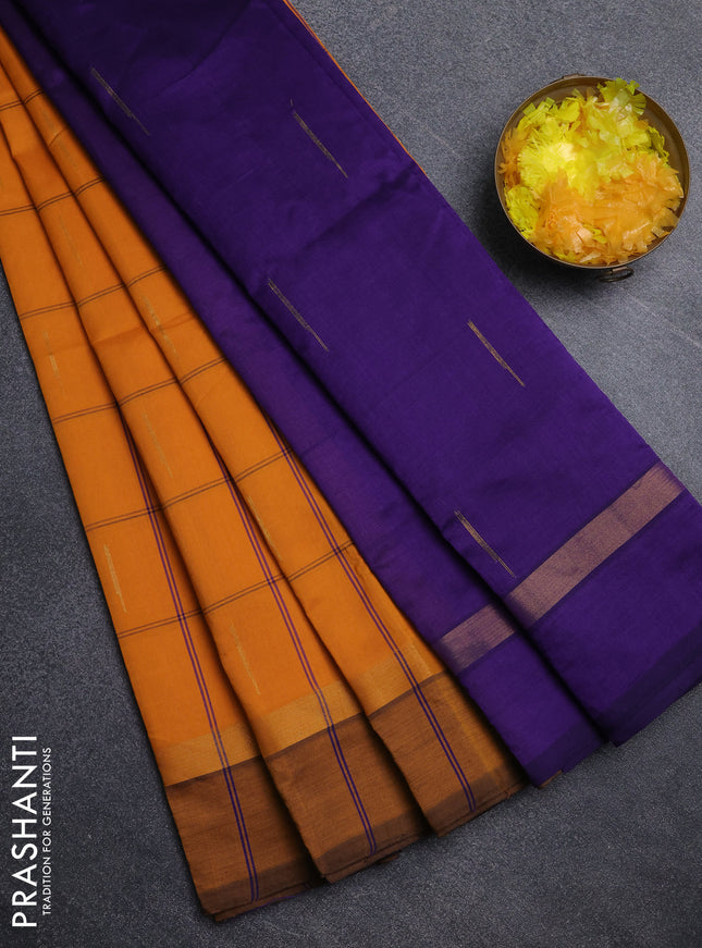 Semi silk cotton saree violet and dark mustard with allover thread checks & zari buttas and zari woven simple border