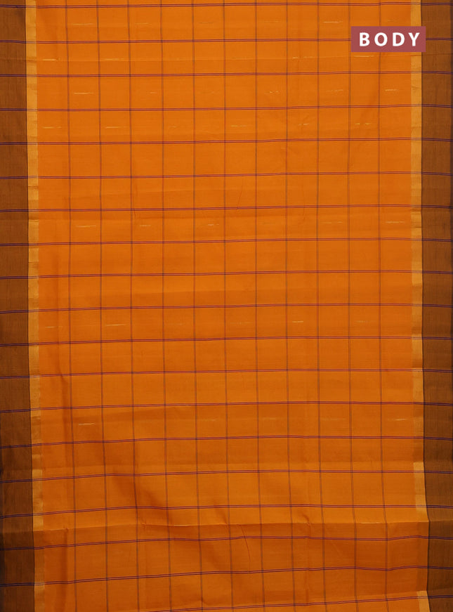 Semi silk cotton saree violet and dark mustard with allover thread checks & zari buttas and zari woven simple border