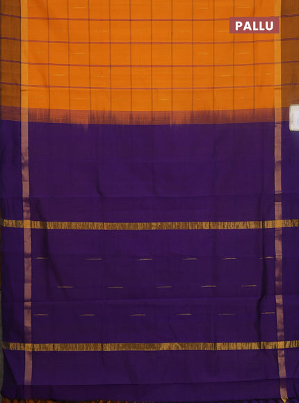Semi silk cotton saree violet and dark mustard with allover thread checks & zari buttas and zari woven simple border