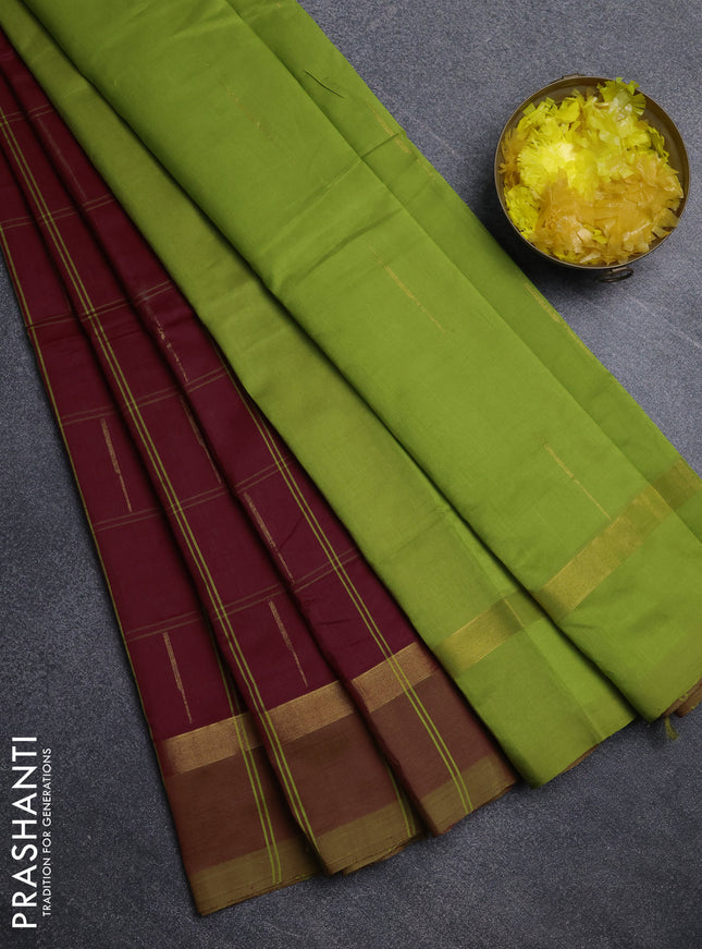 Semi silk cotton saree maroon and light green with allover thread checks & zari buttas and zari woven simple border