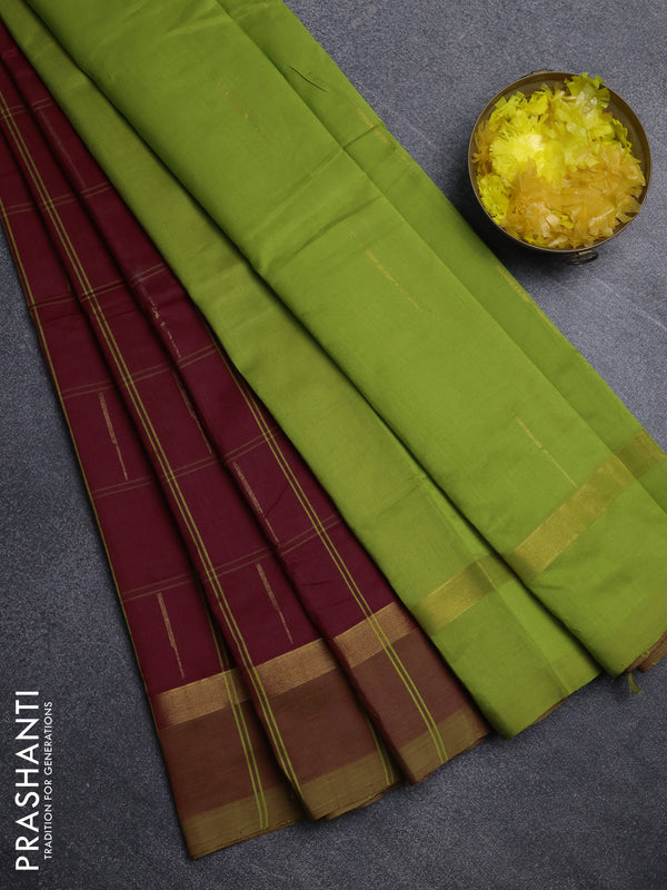 Semi silk cotton saree maroon and light green with allover thread checks & zari buttas and zari woven simple border