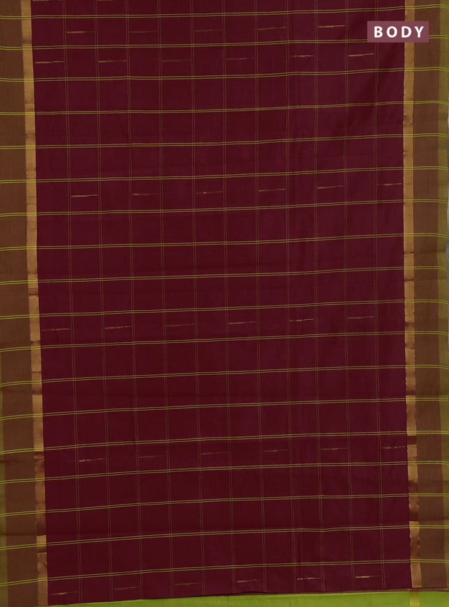 Semi silk cotton saree maroon and light green with allover thread checks & zari buttas and zari woven simple border
