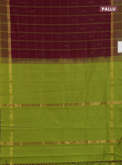 Semi silk cotton saree maroon and light green with allover thread checks & zari buttas and zari woven simple border