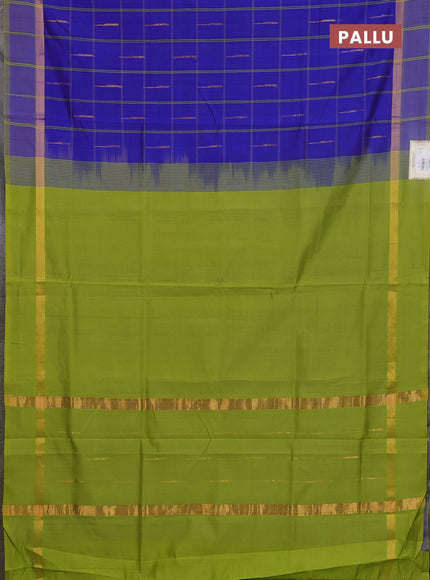 Semi silk cotton saree blue and light green with allover thread checks & zari buttas and zari woven simple border