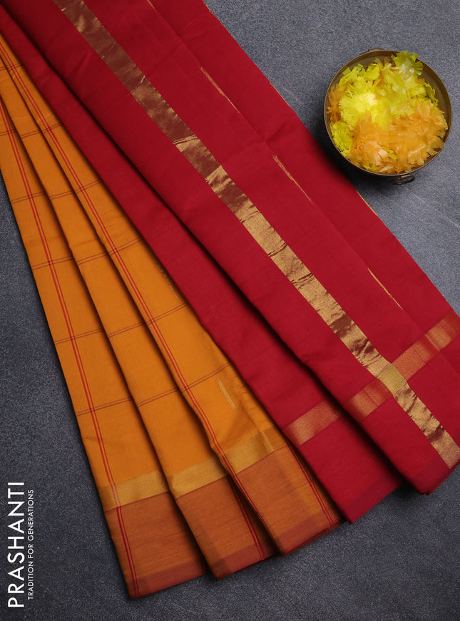 Semi silk cotton saree mustard yellow and maroon with allover thread checks & zari buttas and zari woven simple border