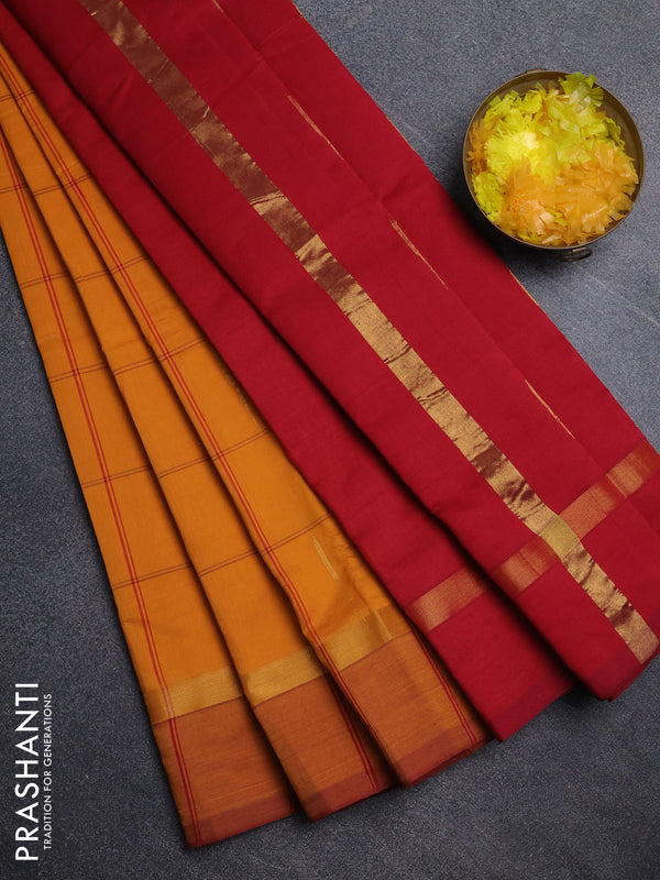 Semi silk cotton saree mustard yellow and maroon with allover thread checks & zari buttas and zari woven simple border