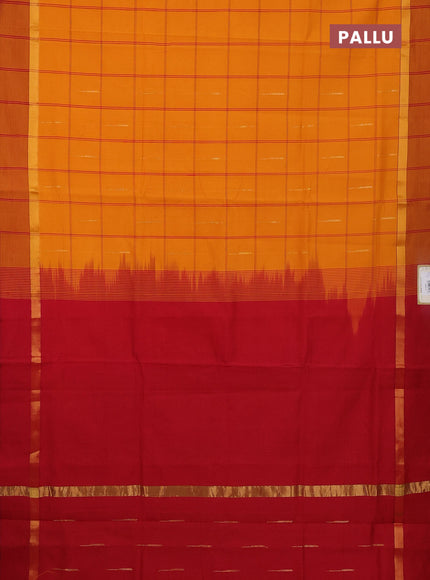 Semi silk cotton saree mustard yellow and maroon with allover thread checks & zari buttas and zari woven simple border