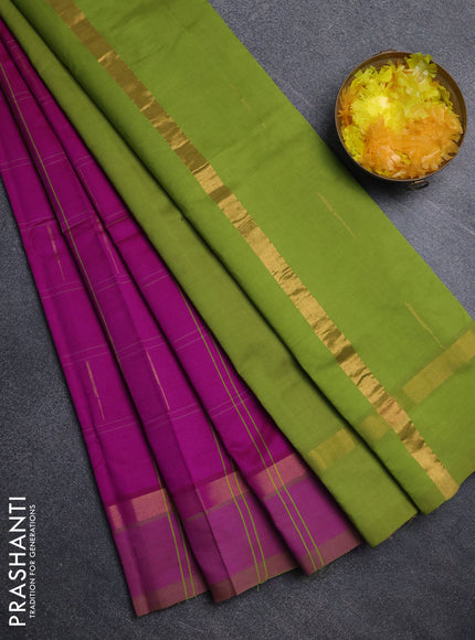 Semi silk cotton saree dark pink and light green with allover thread checks & zari buttas and zari woven simple border
