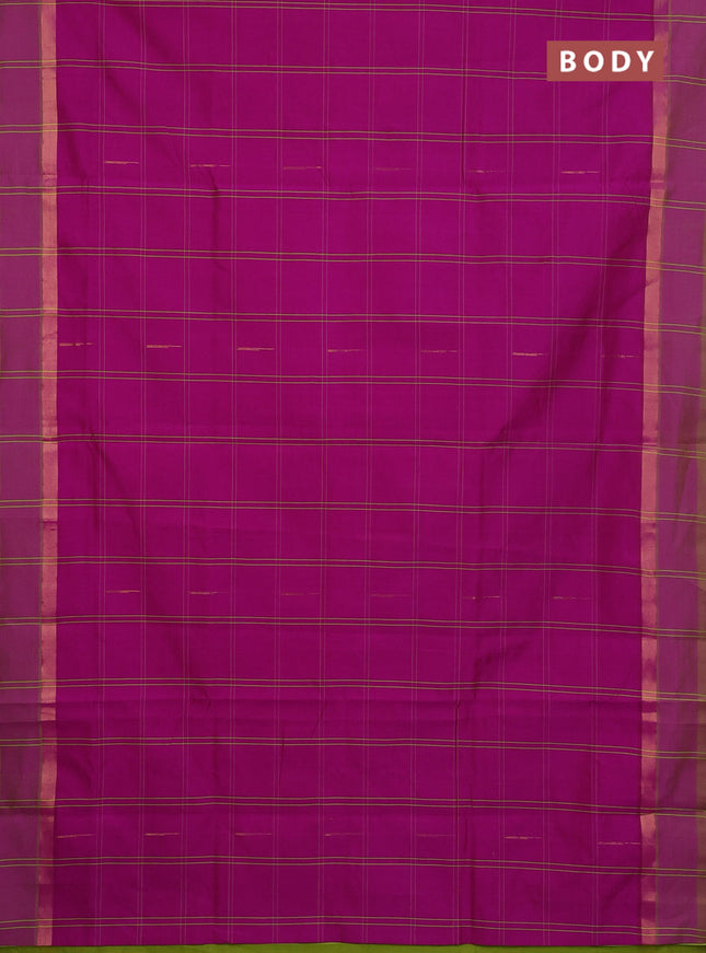 Semi silk cotton saree dark pink and light green with allover thread checks & zari buttas and zari woven simple border