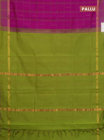 Semi silk cotton saree dark pink and light green with allover thread checks & zari buttas and zari woven simple border