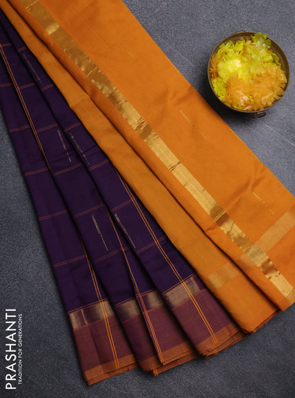Semi silk cotton saree purple and mustard yellow with allover thread checks & zari buttas and zari woven simple border