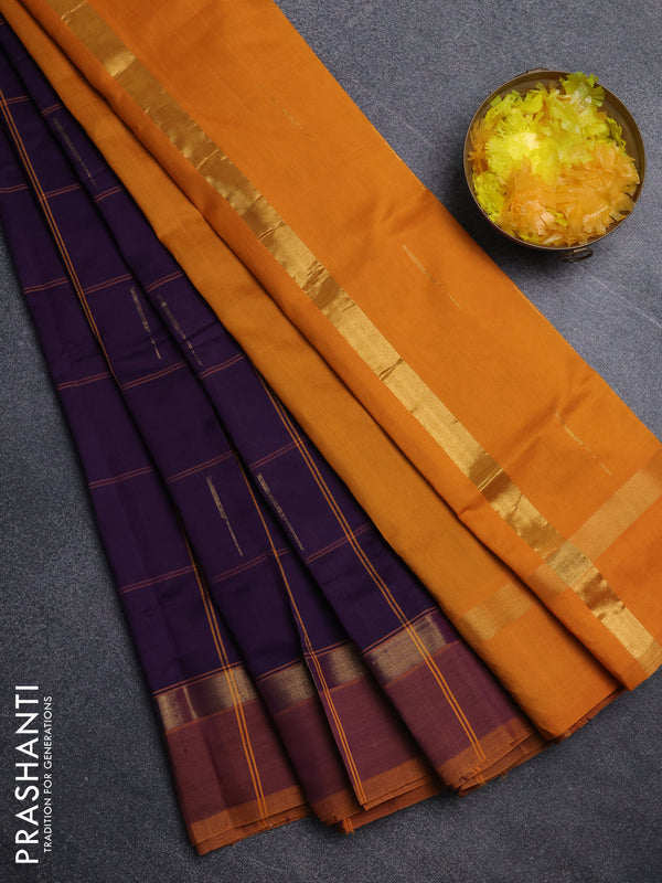 Semi silk cotton saree purple and mustard yellow with allover thread checks & zari buttas and zari woven simple border