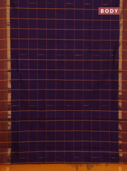 Semi silk cotton saree purple and mustard yellow with allover thread checks & zari buttas and zari woven simple border