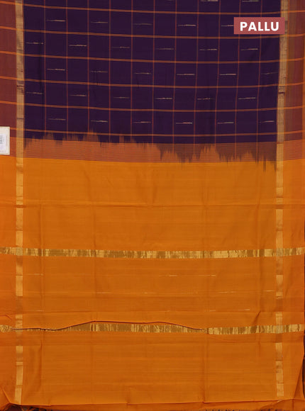 Semi silk cotton saree purple and mustard yellow with allover thread checks & zari buttas and zari woven simple border