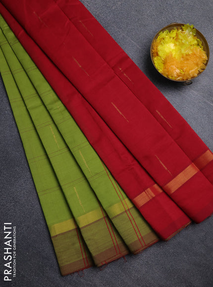 Semi silk cotton saree light green and maroon with allover thread checks & zari buttas and zari woven simple border