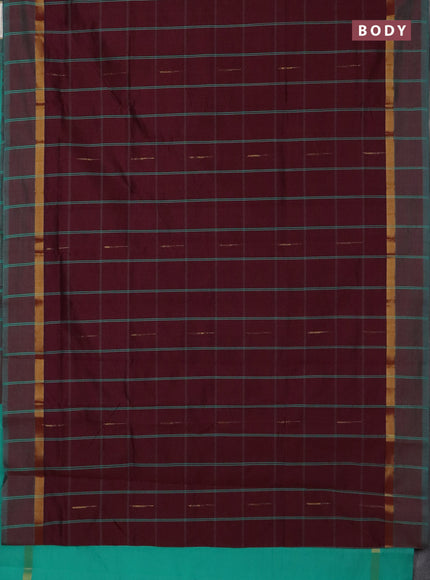 Semi silk cotton saree wine shade and teal green with allover thread checks & zari buttas and zari woven simple border