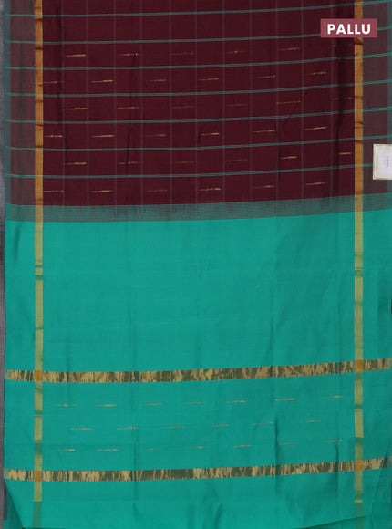 Semi silk cotton saree wine shade and teal green with allover thread checks & zari buttas and zari woven simple border