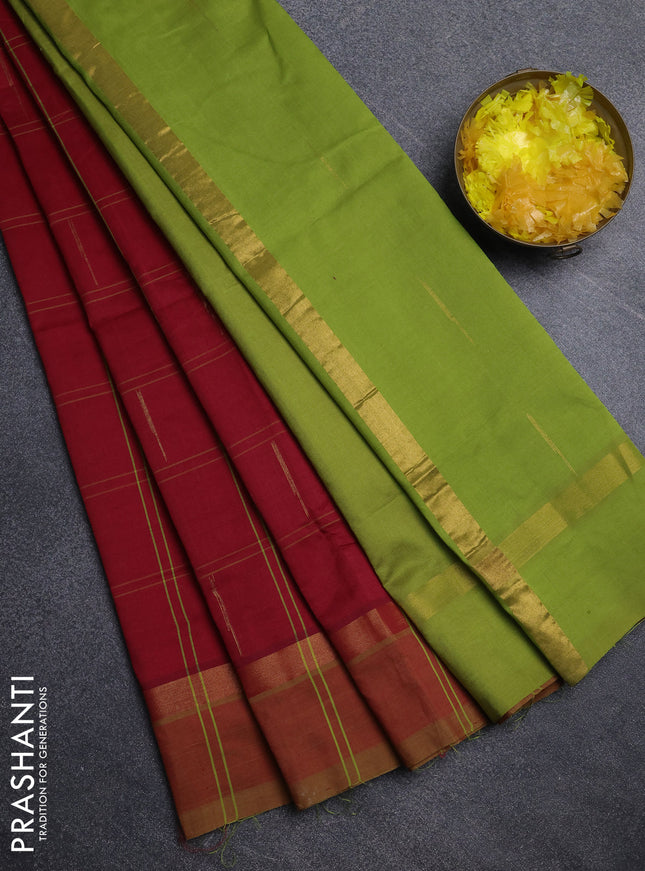 Semi silk cotton saree red and light green with allover thread checks & zari buttas and zari woven simple border