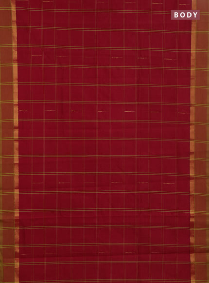 Semi silk cotton saree red and light green with allover thread checks & zari buttas and zari woven simple border