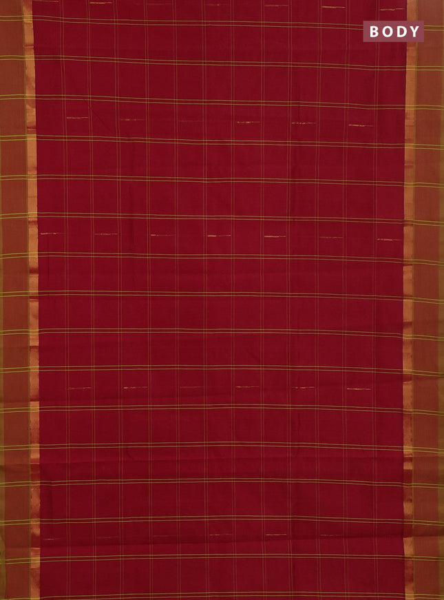 Semi silk cotton saree red and light green with allover thread checks & zari buttas and zari woven simple border