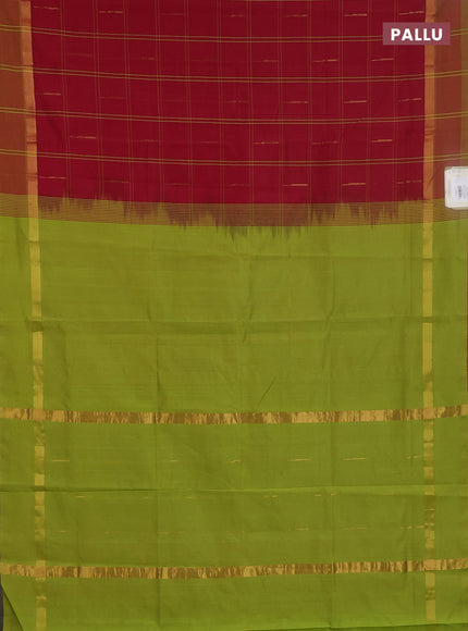 Semi silk cotton saree red and light green with allover thread checks & zari buttas and zari woven simple border