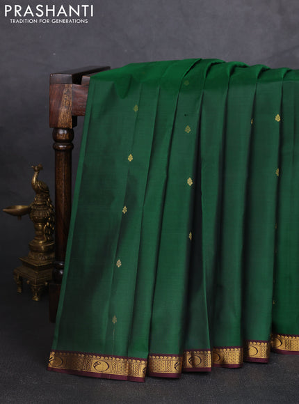 Pure kanchipram silk saree green and coffee brown with zari woven buttas and small zari woven border