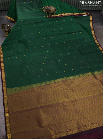 Pure kanchipram silk saree green and coffee brown with zari woven buttas and small zari woven border