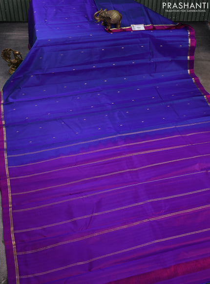 Pure kanchipram silk saree blue and magenta pink with zari woven buttas and zari woven simple border