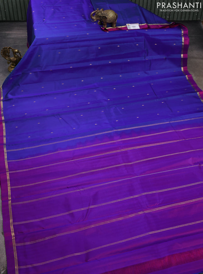 Pure kanchipram silk saree blue and magenta pink with zari woven buttas and zari woven simple border