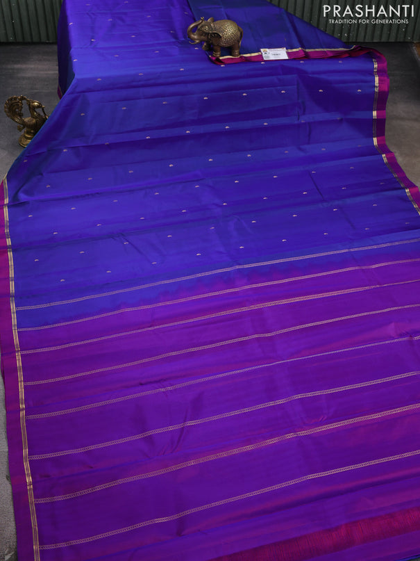 Pure kanchipram silk saree blue and magenta pink with zari woven buttas and zari woven simple border