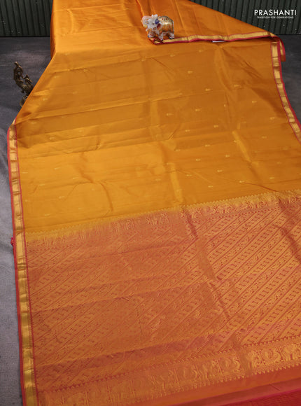 Pure kanchipram silk saree dark mustard and dual shade of pink with zari woven buttas and zari woven border